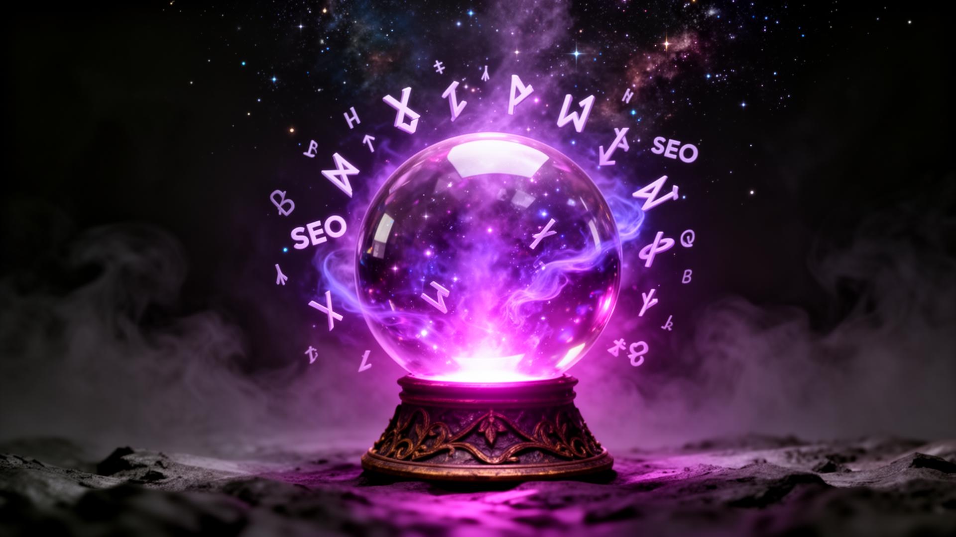 Mystical crystal orb glowing with SEO runes and purple magic